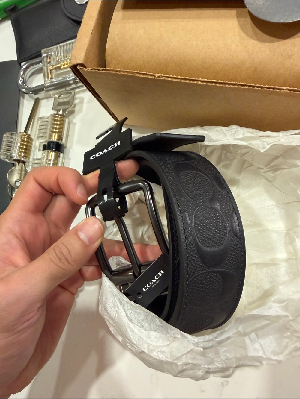 Coach Black Embossed Signature Leather Belt with Gunmetal Buckle